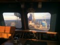 View of the Evohe wheelhouse as the first evening at sea settles in